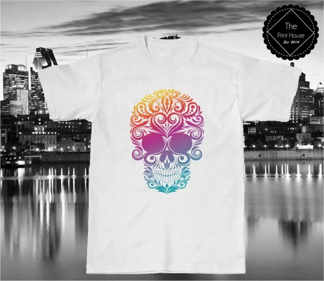 

Colour Skull Printed T-Shirt Mens Womens Girls Top Graphic Design Style Tee