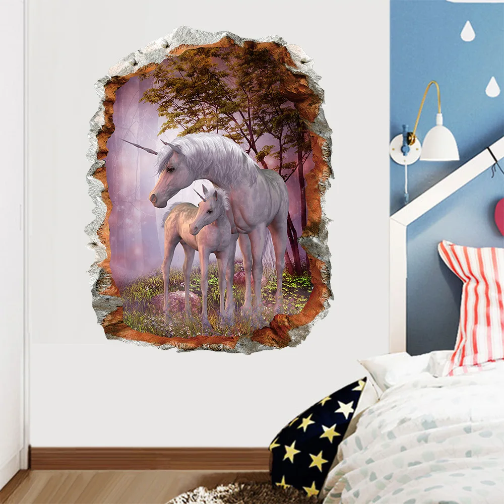 

3D Unicorn Wall Stickers Living Room Bedroom children's Room Wallpaper Decorative Painting Green Wallpaper Sticker Mural