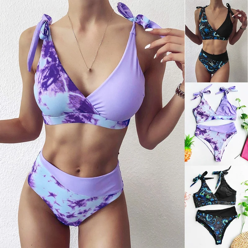 

Women's Sexy Bikini 2-Piece Lace Stitching Tie-Dye Printing High Waist Split Swimsuit Suit