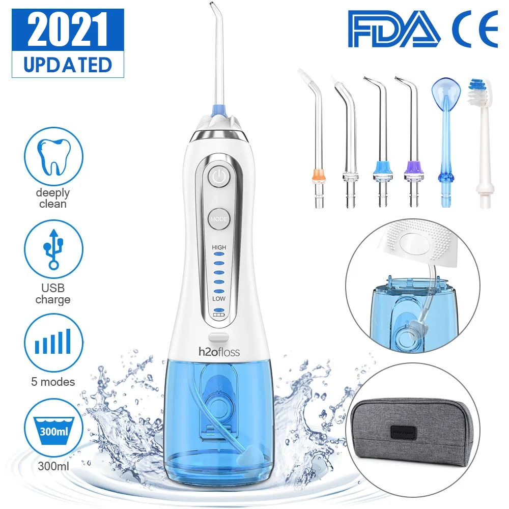 

300ml Portable Oral Irrigator USB Rechargeable Dental Water Flosser Jet 5 Modes Irrigator Dental Teeth Cleaner + 5 Jet Tip & Bag