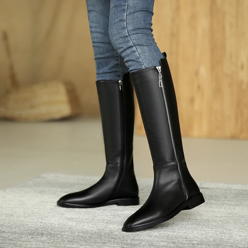

Zippers Decoration Knee High Boots For Women low square heels 2020 Trends Genuine Leather Shoes Woman Basic Tight Long boots