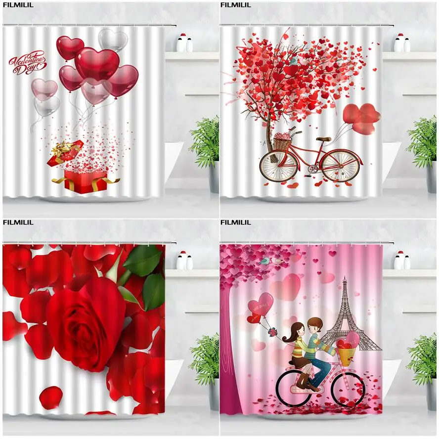 

Valentine's Day Shower Curtains Red Rose Heart Balloon Romantic Couple Paris Tower Pattern Polyester with Hooks Bathroom Decor