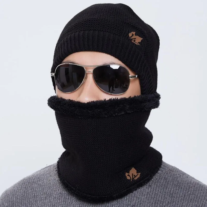 Зимние шапки мужские теплые вязаные комплекты шарфов уличная унисекс клен шляпа из кусочков набор мужской утолщение плюс бархат вязаный воротник C