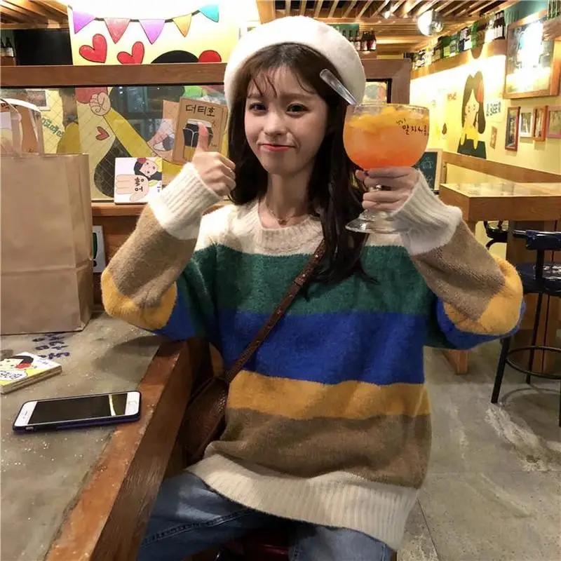 Свитер женский в полоску с радужной расцветкой осень 2019 | Женская одежда