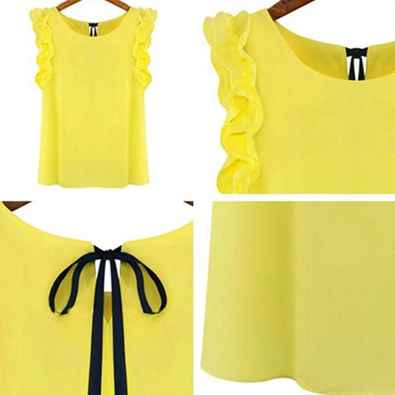

Women Blouses Butterfly Short Sleeves Shirt Summer Bow Lace Up Solid Female Tops Ruffle Pullover Vintage Blusa