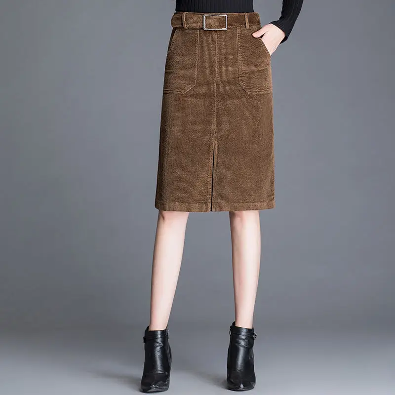 

Women 2020 Autumn Winter New Fashion Cotton Corduroy Solid Minimalism Retro Skirt Female High Waist Midi Skirts Slim Faldas S255