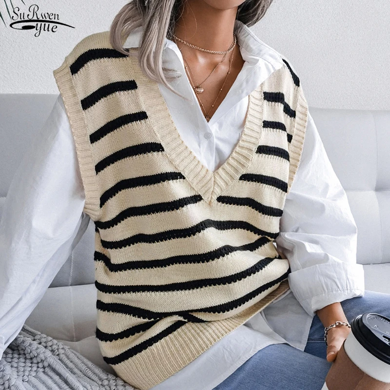 

Женский трикотажный свитер в полоску, повседневный Свободный пуловер без рукавов с V-образным вырезом, винтажный свитер, Осень-зима 18136