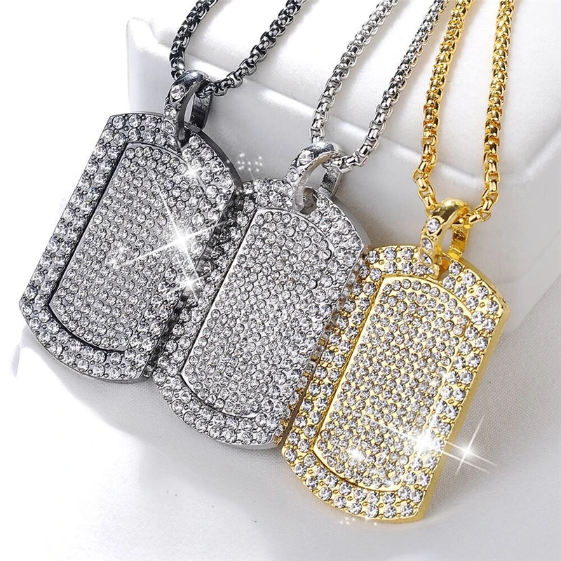 

Mannen Hanger Gevuld Iced Out Rhinestone Goud Kleur Charm Plein Dog Tag Ketting Met Cubaanse Ketting Hip Hop Sieraden