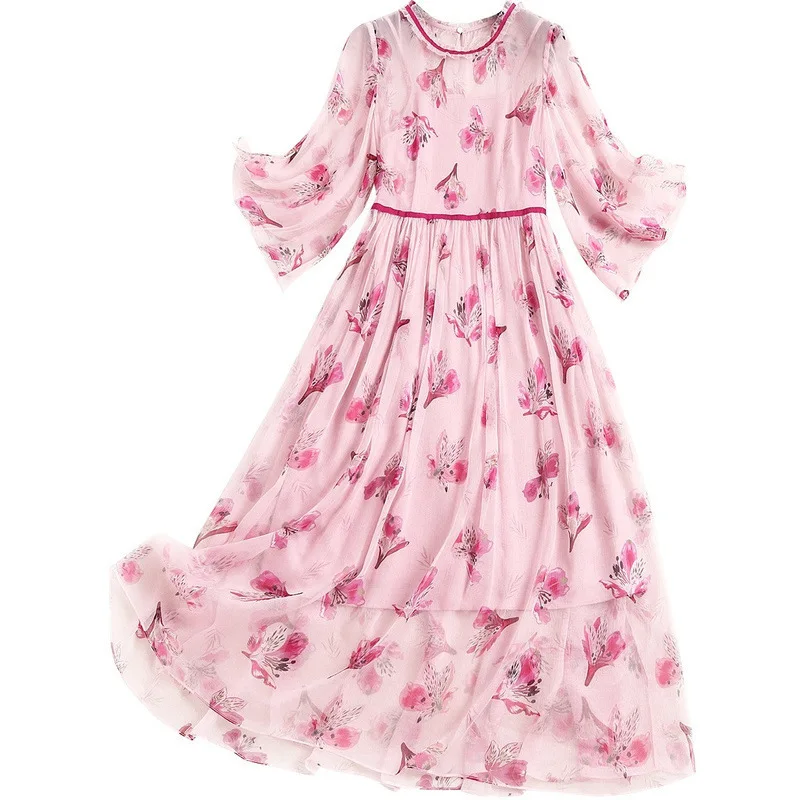 

Gorgeous Dress 100% Natural Silk Bohemian Floral Flare Sleeve O-Neck Elegant Dresses for Women Half Sleeve Summer Dress