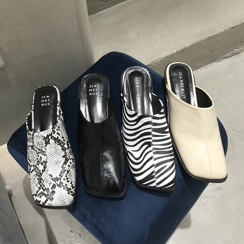 

Сланцы женские на низком каблуке, сандалии без застежки, квадратный носок, уличные шлепанцы, Уличная обувь с узором зебры, змеи, весна 2021