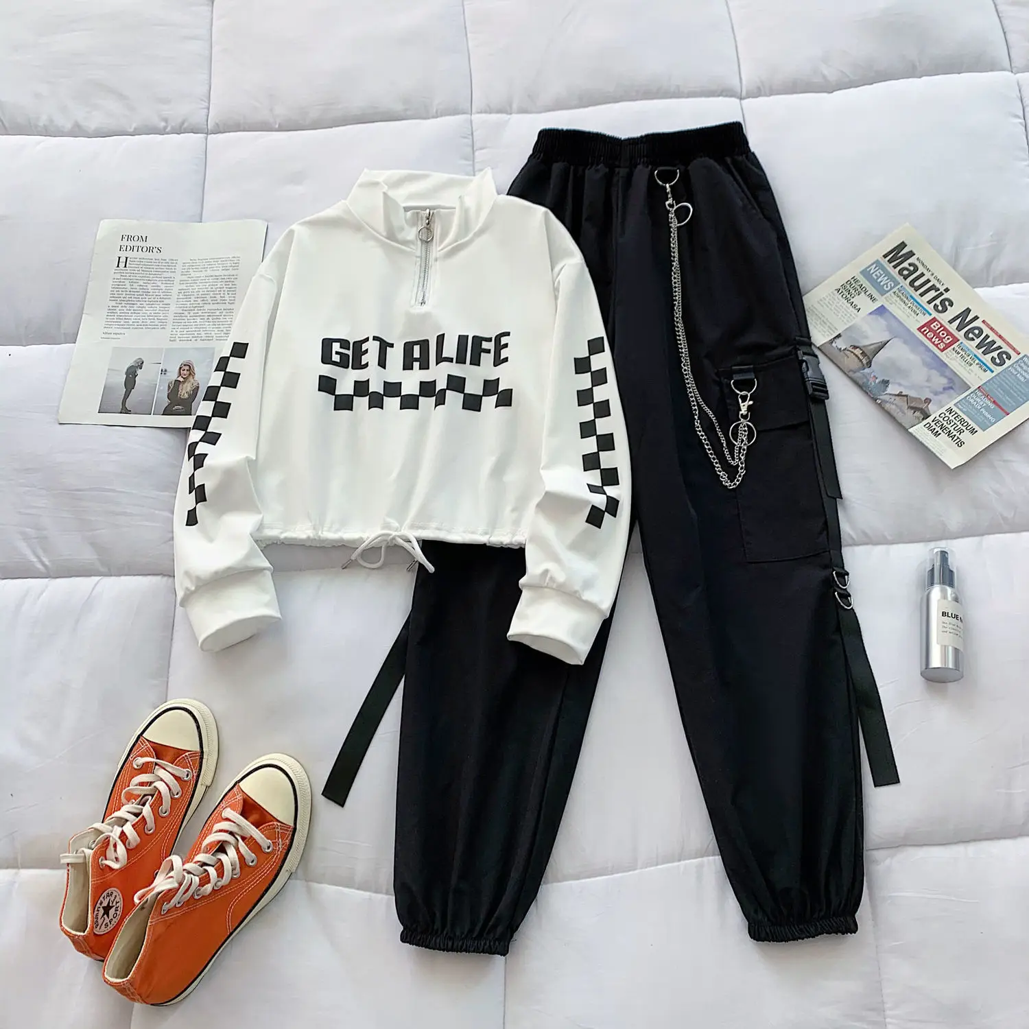 

Women's Cargo Pants Buckle Ribbon Pocket Jogger Elastic Waist High Streetwear Harajuku Pant Chain Females Two Piece Pants coats
