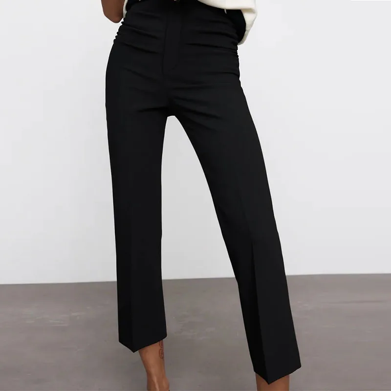 

Women Summer Casual Solid ZA Straight Pants 2021 High waist Black Ankle-Length Pants Female Elegant Street Fashion Pant Trousers
