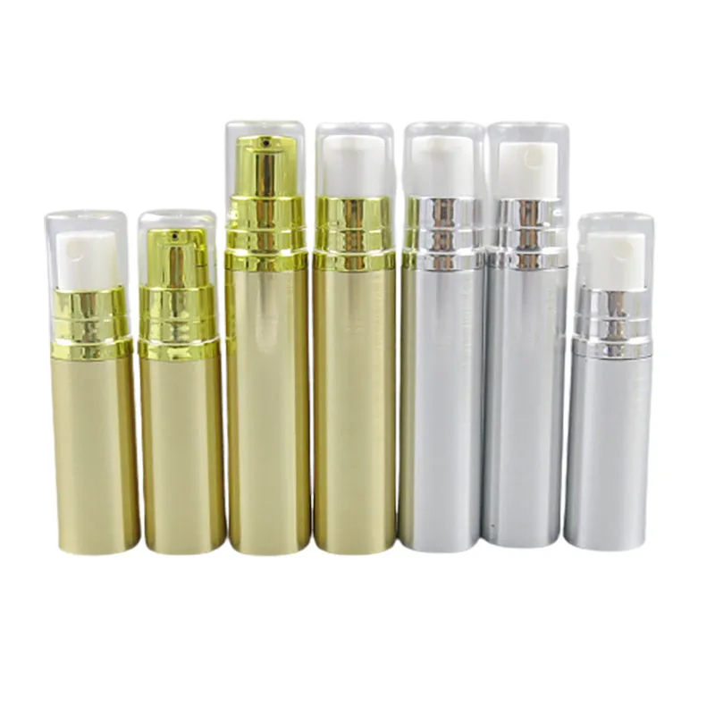 

12 x 5ML 10ML Gold Silver Travel Refillable Airless Bottles White Pump Clear Cap 1/6oz 1/3oz Airlless Lotion pump Containers