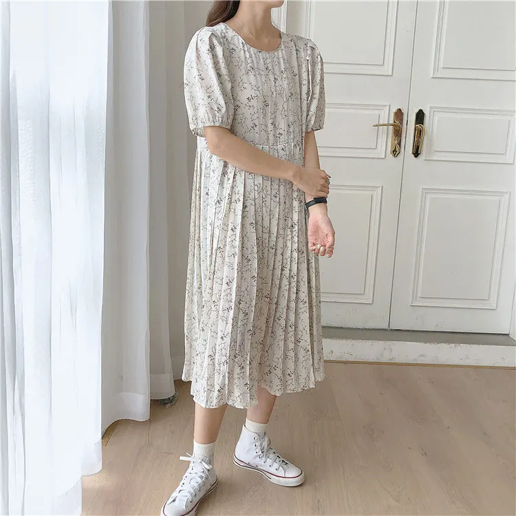 

2020 Spring Summer Elegant Dress Women Loose High Waist Lace-up Dress Floral Print Pleated Long Dress Vestidos Femme Streetwear
