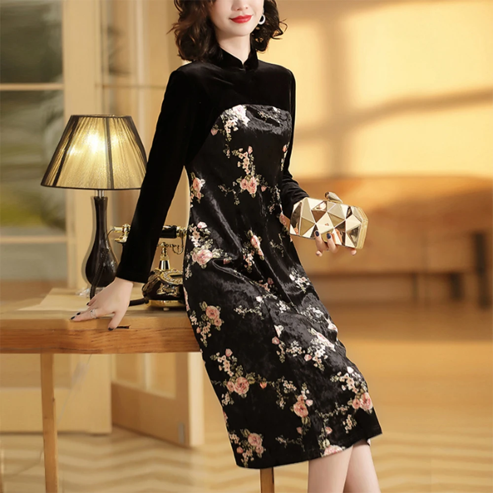 Женское вечернее длинное платье из шифона с цветочным принтом черное свободное