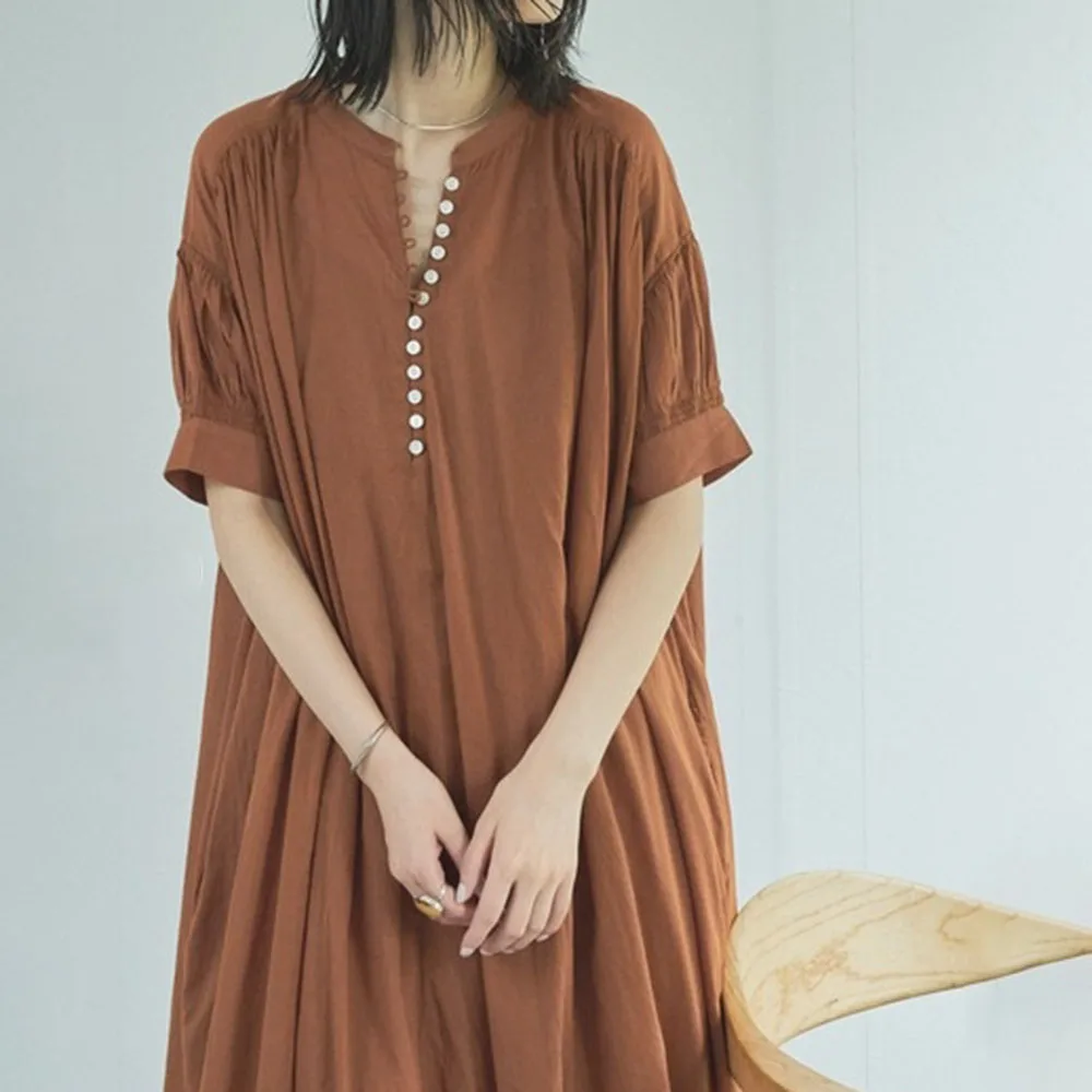 

2021 Summer New Solid Color Casual Simplicity Japanese Style Women's Dress Round Neck Puff Sleeve Korean Fashion Temperament