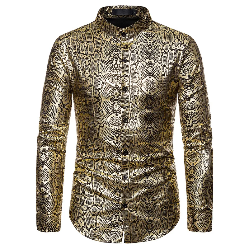 Мужская приталенная рубашка с принтом змеиной кожи золотистая Классическая под