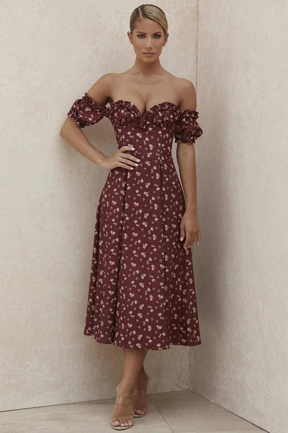 

Floral Print Off Shoulder Midi Dress Women V Neck Elegant Party Dresses 2021 Ladies Summer Vintage Split Vestidos Robes Sundress