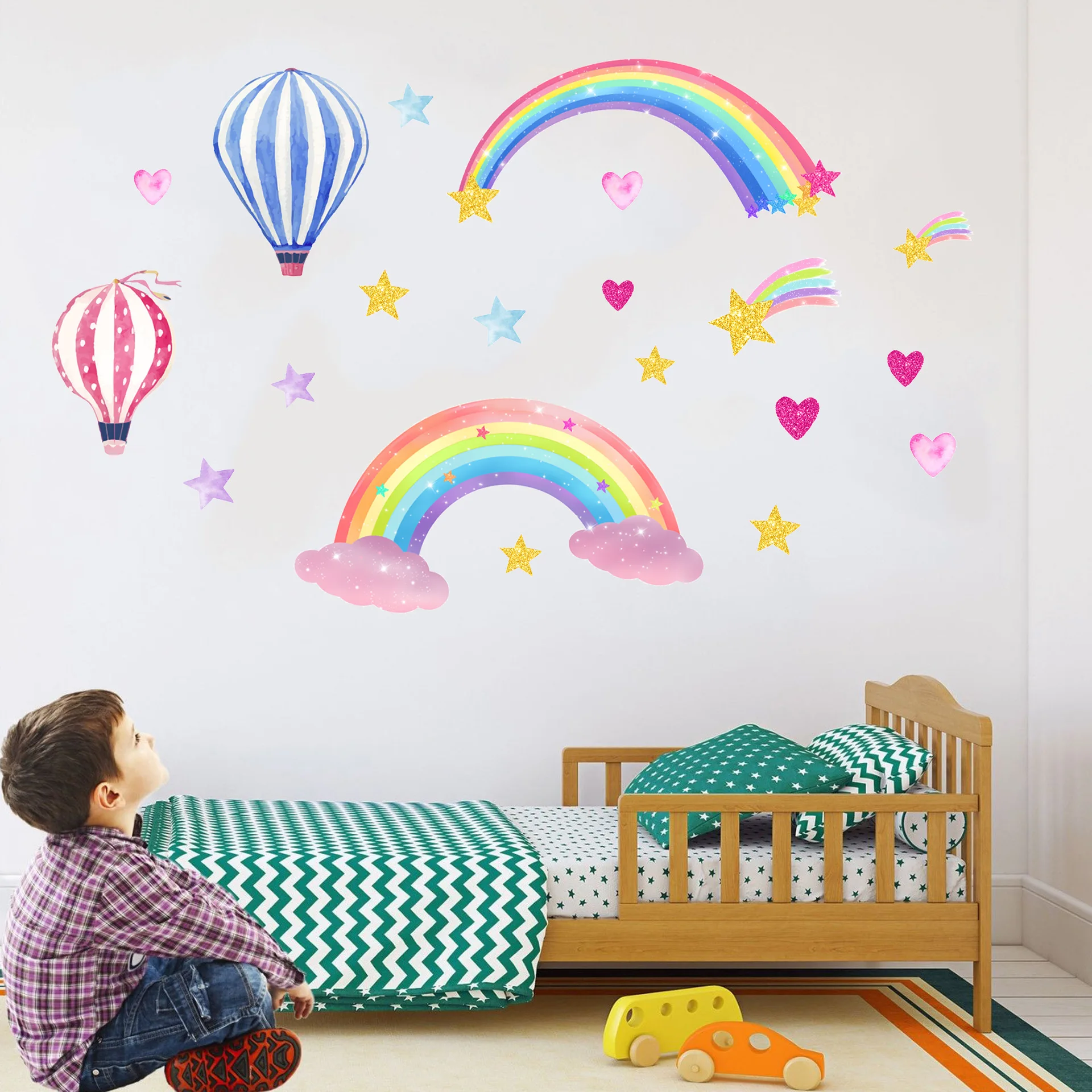 

Hot Air Balloon Rainbow Wall Stickers, Living Room Children's Room Background Wall Decoration Painting, Star Home Wall Decals