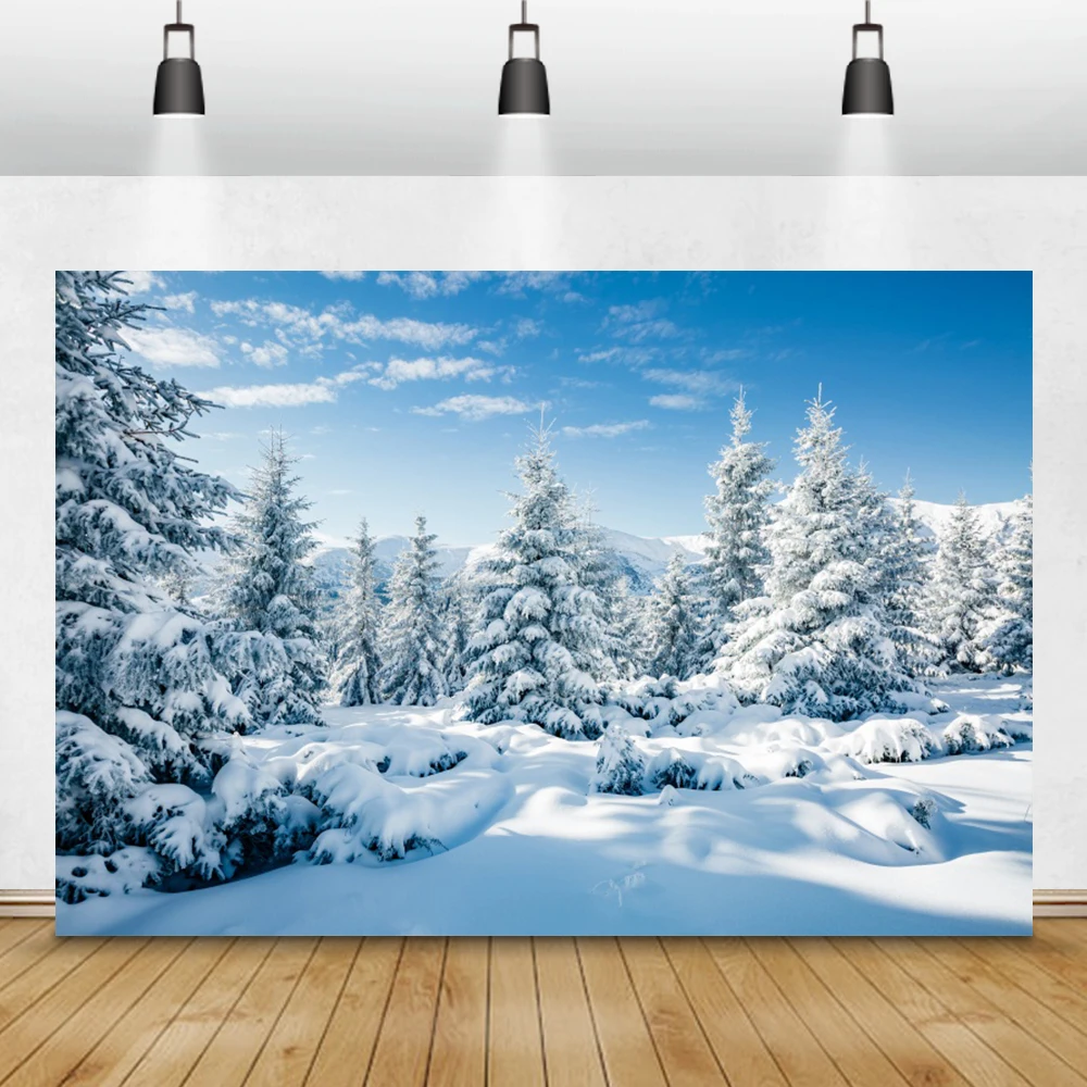 Мечтательный зимний Фотофон лес сосновые деревья снежные горы интерьер домашний