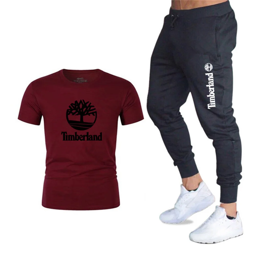 

TIMBERLAND fashion new brand men's summer high quality cotton sports T-shirt + sports pants set running hip hop sportswear