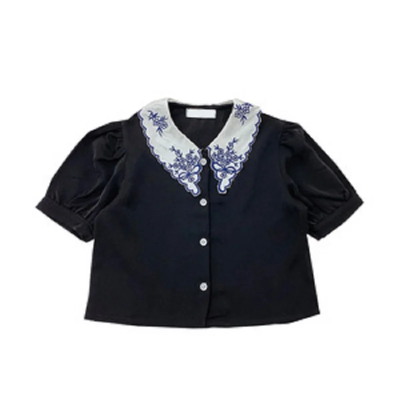 

Модная летняя блузка с короткими рукавами и вышитым воротником для девочек, детская рубашка, 2020
