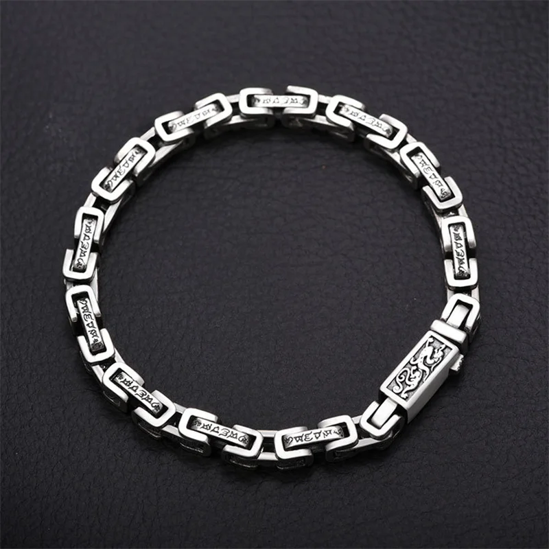 

S925 Sterling Silver Bracelet 5mm Thick Men's Six-character Mantra Thai Silver Retro Old Fashion Personality Jewelry Gift