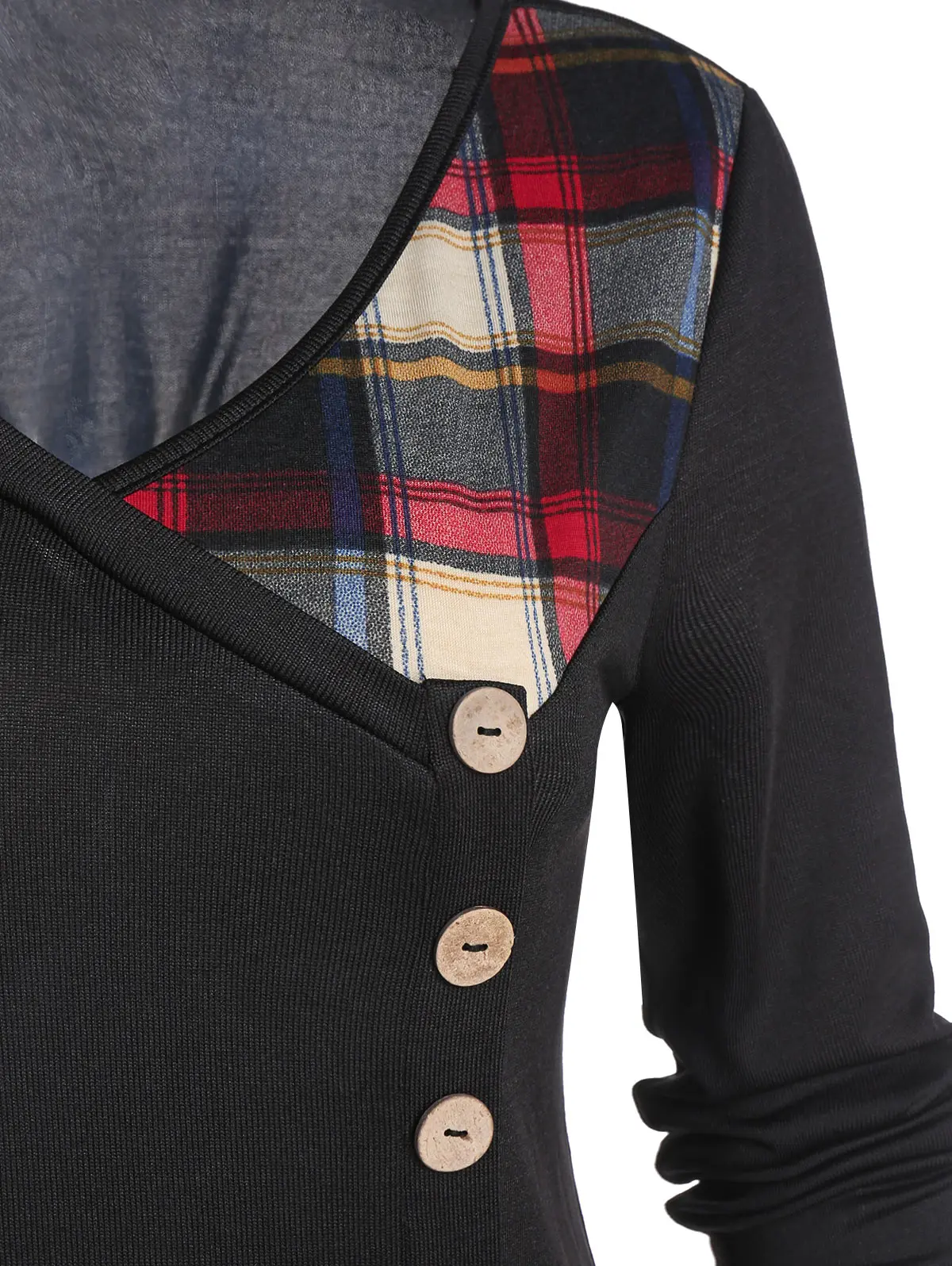 Женская клетчатая футболка DRESSFO длинная с длинным рукавом и v-образным вырезом на