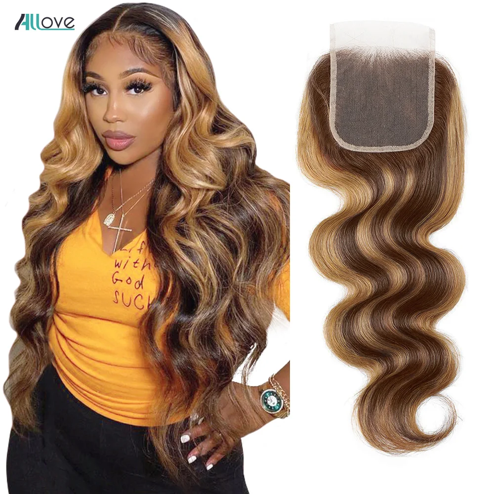 5X5 Transparent Lace Closure 4/27 Highlight  Closure Brazilian Body Wave With Baby Hair Pre-Plucked Honey Blonde  Lace Closue