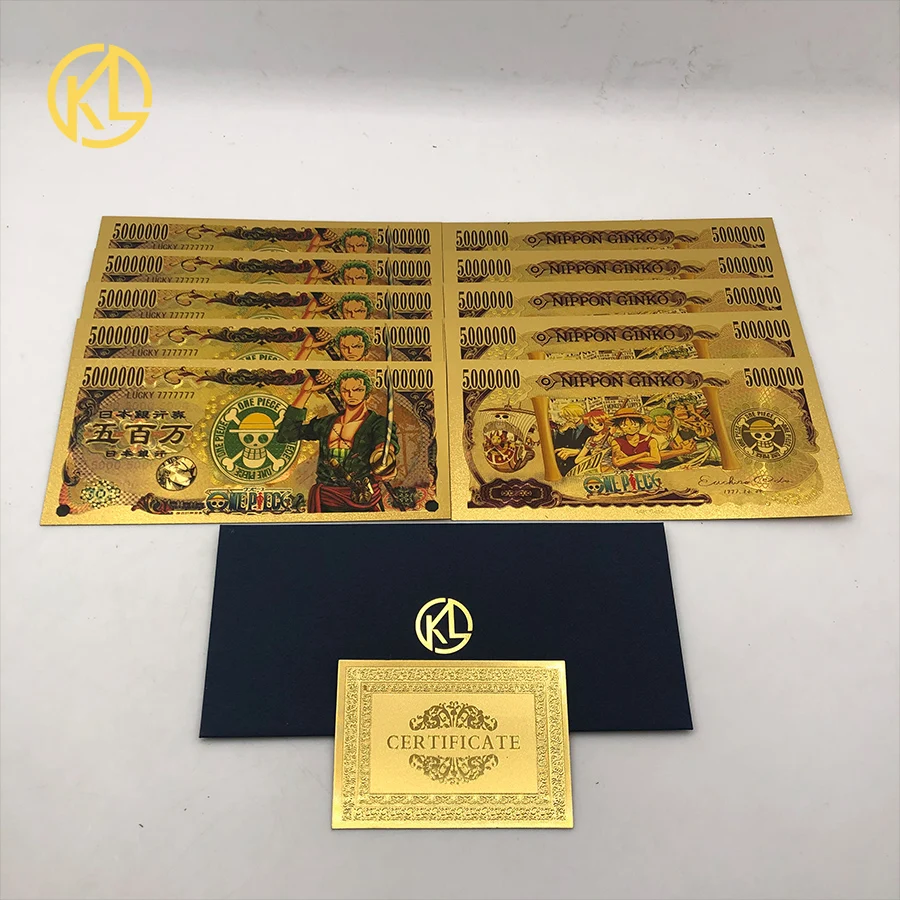10pcs/set Lucky One Piece Anime blanknote Roronoa Zoro plastic Golden Banknote Collection fake mondy for holder | Дом и сад