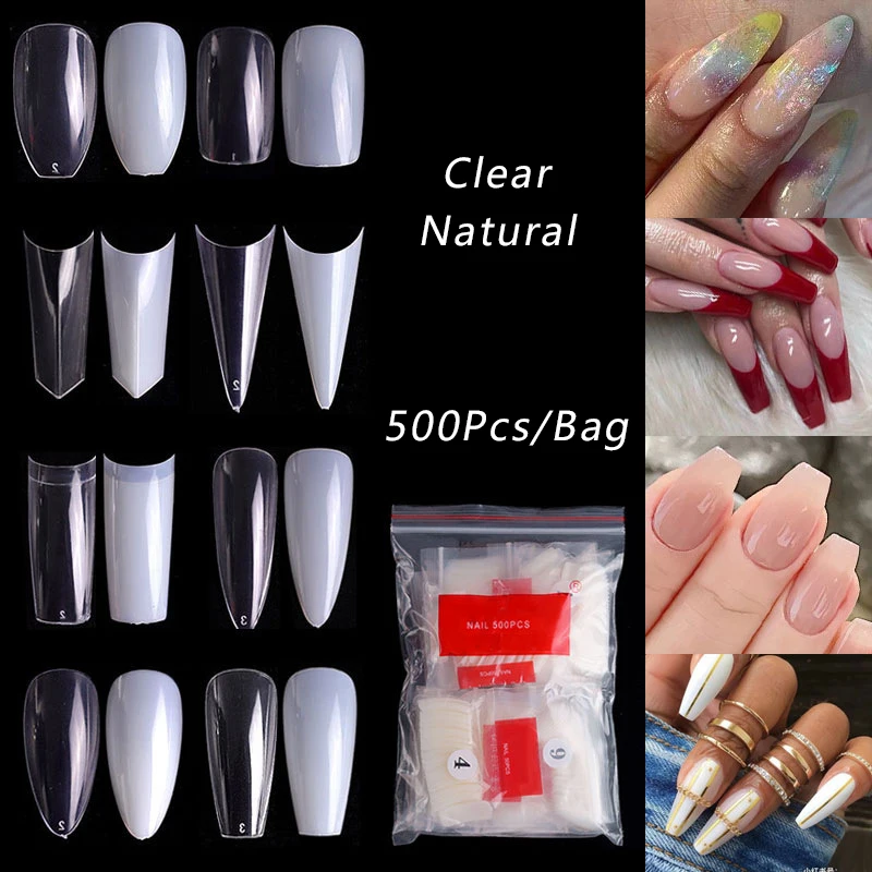

500Pcs/Pack Full French False Nail Tips 10 Sizes Clear Natural Color Fake Nails Sharp Toenail Acrylic UV Gel Manicure Tools