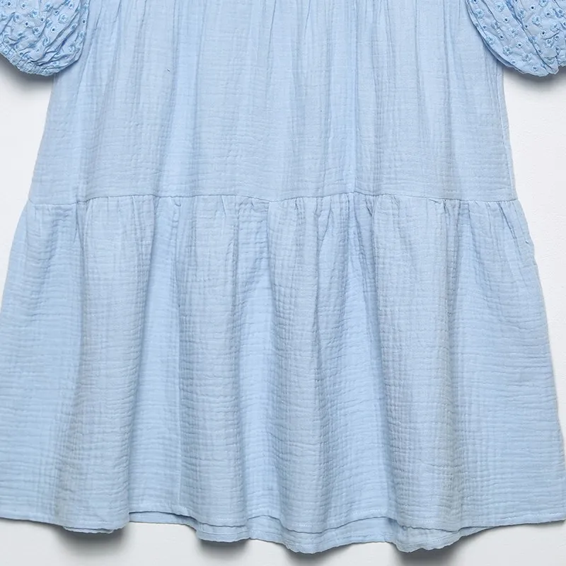 

Alldoke Sky Blue Hollow Out Summer Dress Casual O-neck Lantern Sleeve High Waist A-line Dresses For Women 2021 Vestidos De Mujer