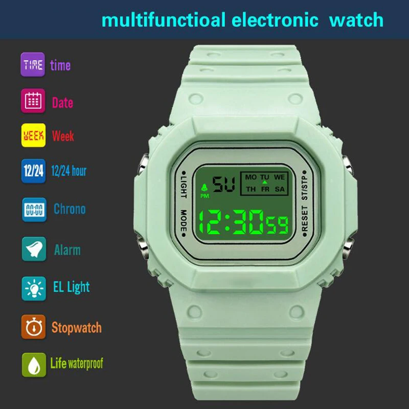 

Luxury Women Digital Green Watch Multifunction Waterproof Women Watches Unisex Male Watch Rectangle Children Sport Watches