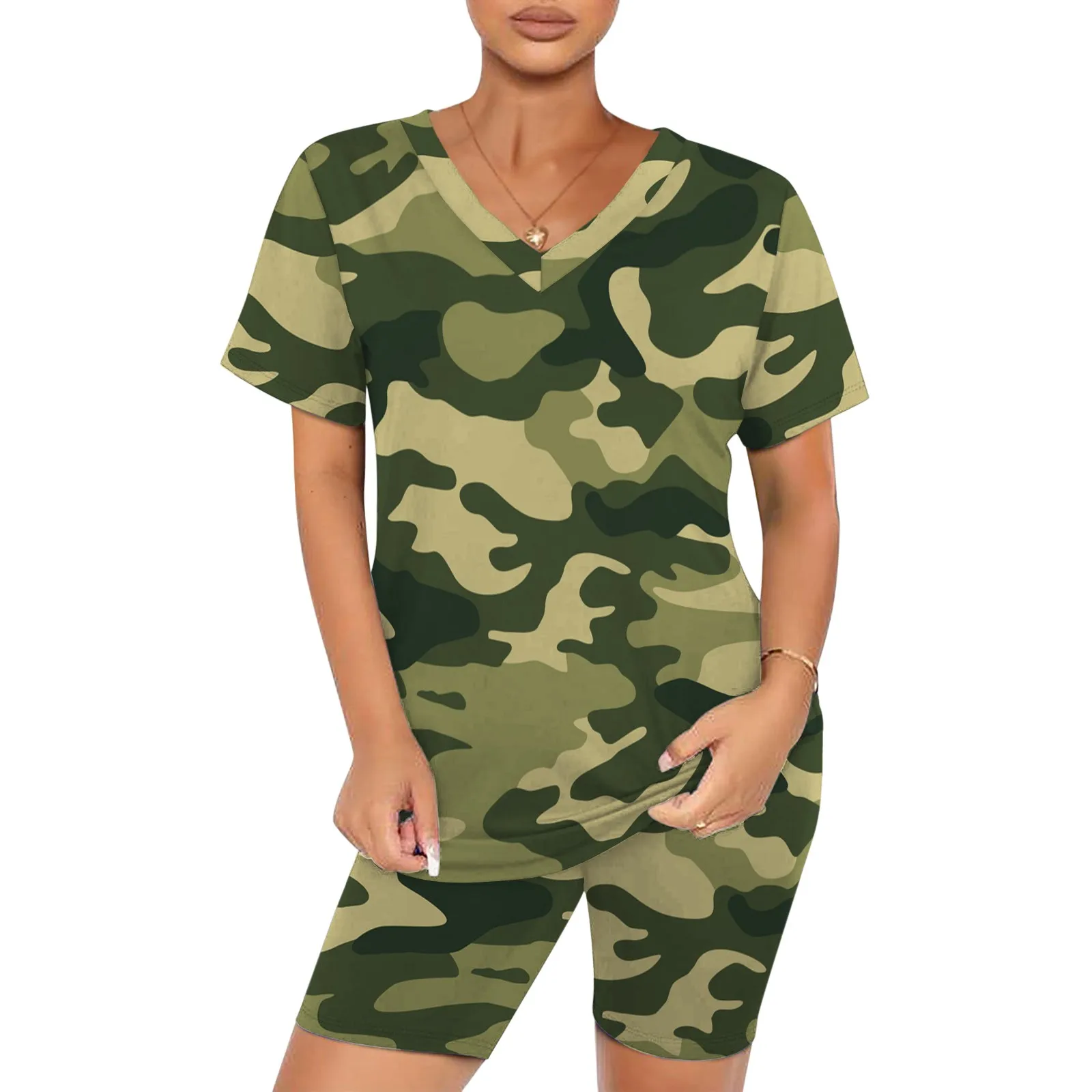 

Yoga Tracksuit Two Piece Outfits For Women Summer Camouflage Print Biker Shorts Set Gym Running Cycling Sports Suit 2021 A40