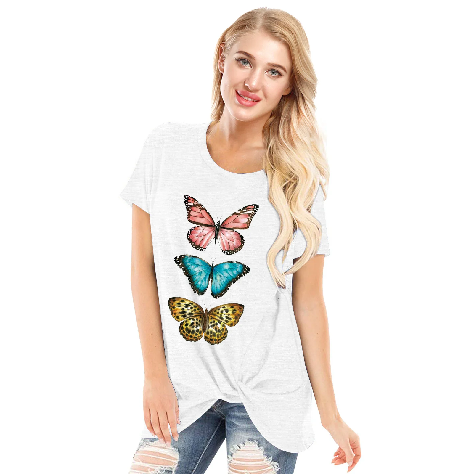 

2021 Summer New Butterfly Print Women Loose O-Neck Short Sleeve GYM Sport T Shirt Casual Fashion Kink Top Graphic Tee
