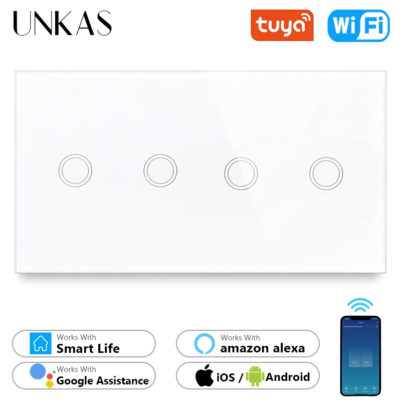

UNKAS 4 Gang Wifi EU Standard Touch Smart Switch Black Crystal Glass 157mm Panel Home Improvement Work Tuya Alexa / Google