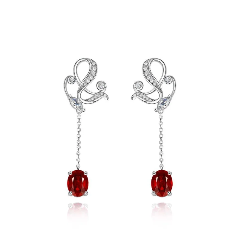 

Solid 925 Sterling Silver 7*9mm Ruby High Carbon Diamond Drop Earrings For Women Sparkling Wedding Party Fine Jewelry Gift