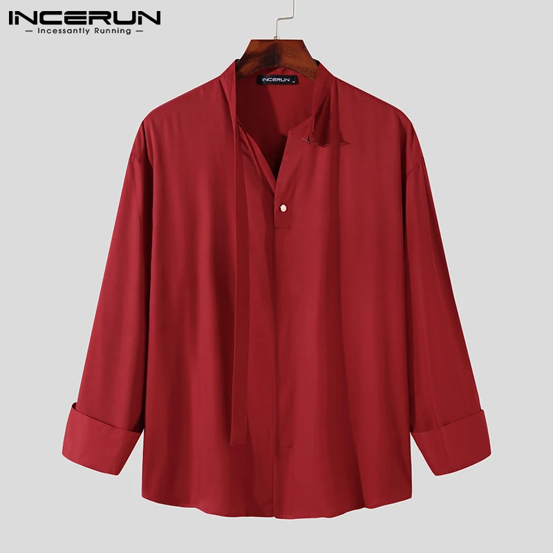 

Рубашка INCERUN мужская с галстуком, однотонная уличная одежда с отложным воротником и длинным рукавом, свободная повседневная модная блуза в ...