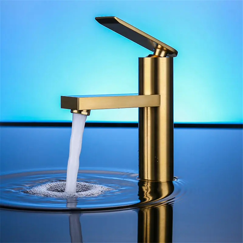 

Basin Faucet Total Brass Sink Mixer Tap Hot & Cold Faucet Single Handle Luxury Lavatory Basin Tap Brushed Gold Bathroom Crane