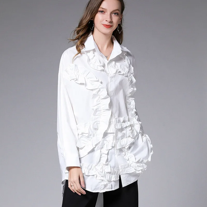 Рубашка LANMREM женская винтажная однотонная с поясом большого размера PD558 |