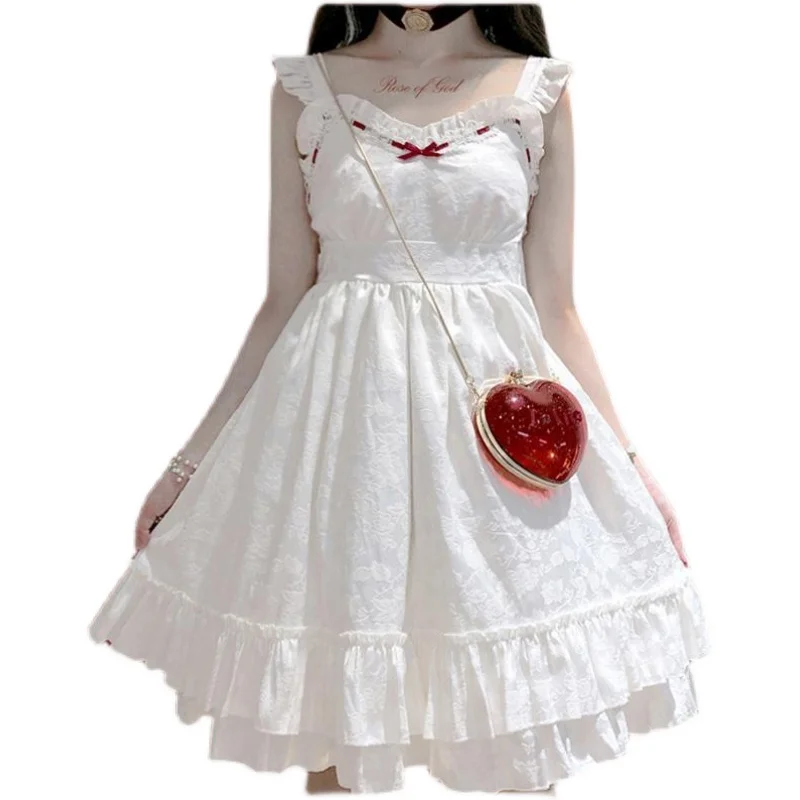 

Japanese Sweet Dress Princess Lolita Summer Fairy Strap Lace Dress High Waist Victorian Dress Kawaii Girl Gothic Lolita Cos Loli