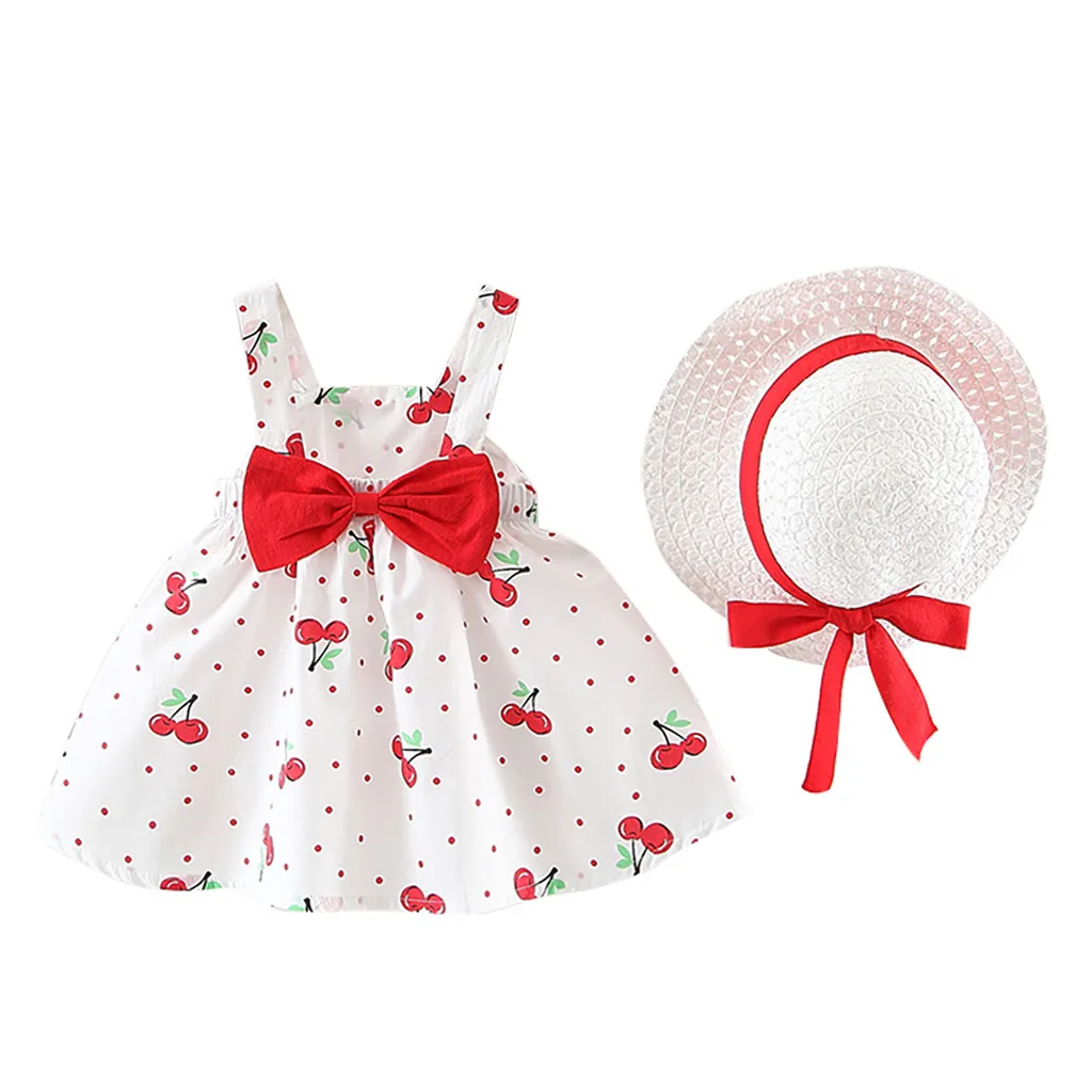 Newborn Baby Kids Girls Clothes Sleeveless Cherry Dot Print Dresses With Bow Hat Outfits Summer Party Clothing for Dress | Детская