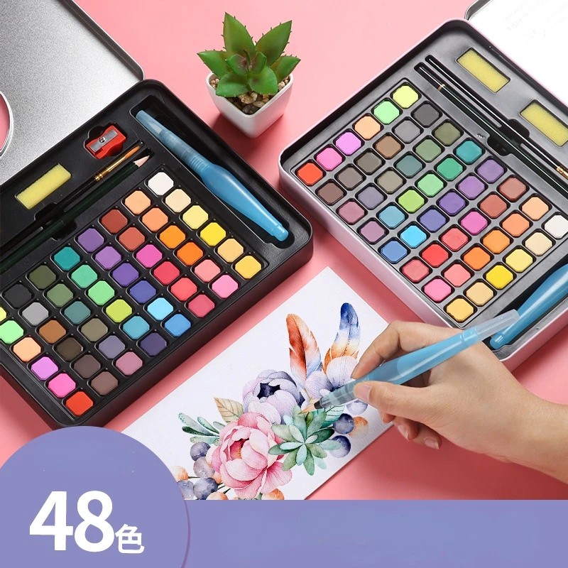 Juego de caja de lata de pintura de acuarela s&oacute;lida creativa de 36,48 colores para principiantes, suministros de arte, pintura Gouache-0