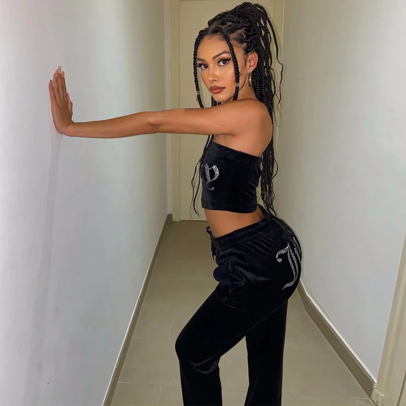 

Velvet Rhinestone Letter Print Women Two Piece Set Tube Crop Top High Waist Wide Leg Pants Tracksuit Sporty 2021 Summer