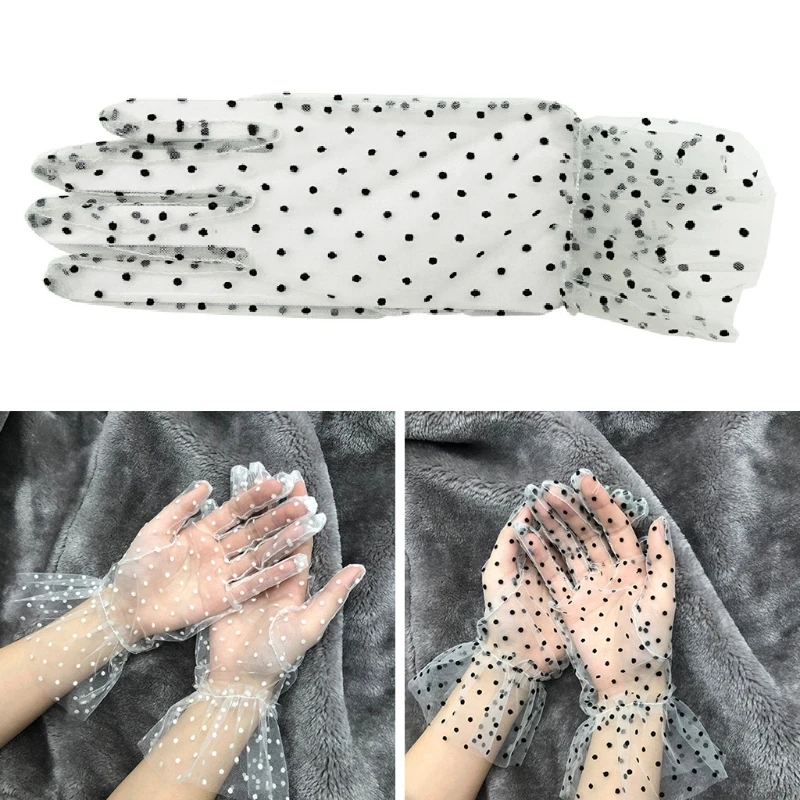

Women Short Mesh Tulle Lace Ruffled Gloves Vintage Polka Dot Elegant Sunscreen Wedding Tea Party Full Finger Mittens