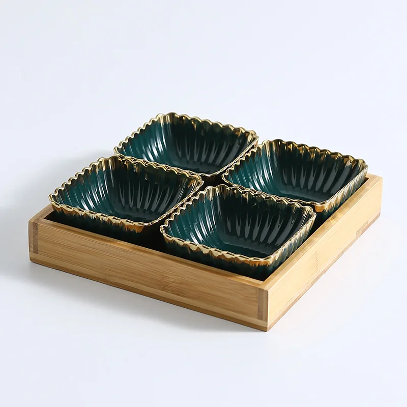4 dish set Зеленое золото обода керамическая тарелка фруктов креативные кружки из фарфора закуски десерт тарелка Натуральный Бамбуковый сервировочный поднос держатель посуда - Цвет: 4 dish set