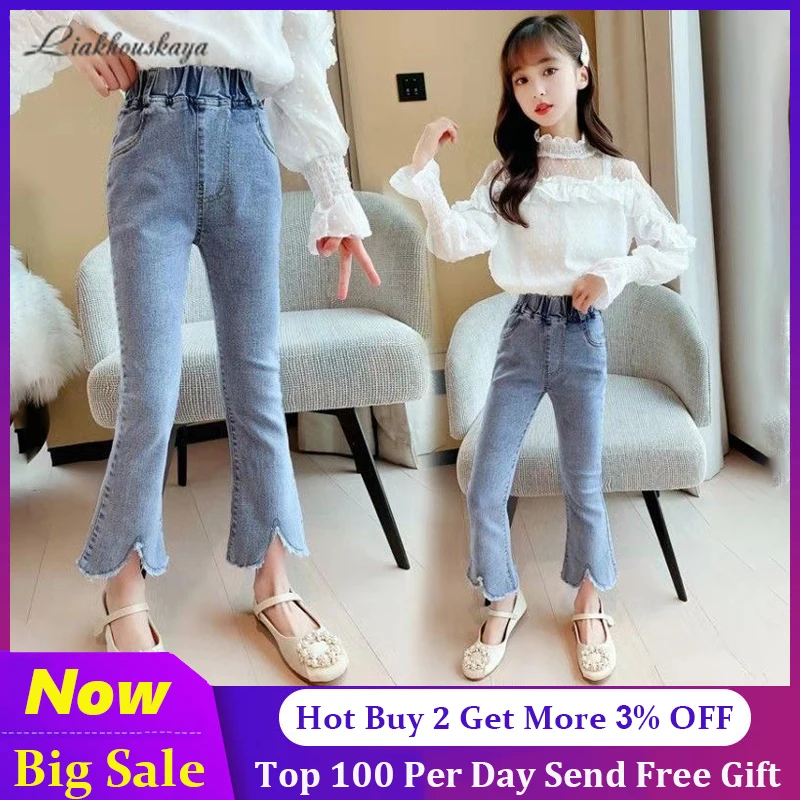 

Spring Autumn Casual Denim Jeans For Girls Elegant Wide-Legged Denim Pants Children Sweet Stretch Lovely Kids Trousers Design
