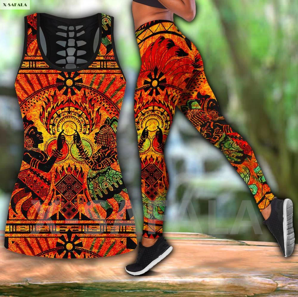 

African Olodum Native 3D Printed Women Combo Two Piece Yoga Set Vest Hollow Out Tank Top High Waist Legging Summer Casual Sport