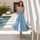 Платье-трапеция для выпускного вечера, пыльно-синее, с одним открытым плечом, со складками, на заказ, из тюля, 2021