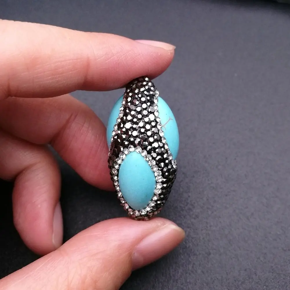 

5PCS 18x36mm Olivary Blue Turquoise Beads Trimmed With Crystal Zircon